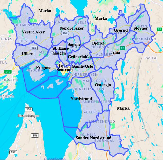 Figur 5.1: Kart over Oslo inndelt i bydeler Nedenfor følger en beskrivelse av metode for datainnsamling og datarensing, først for eierboliger deretter for leieboliger. 5.1.1 Eierboliger For eiermarkedet i har vi hentet inn data fra eiendomsverdi.