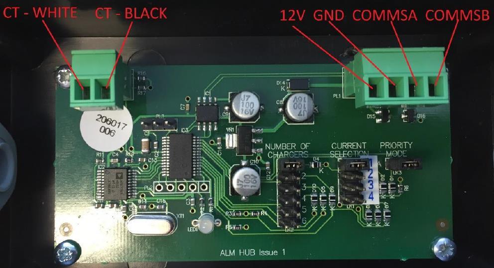 2.1.3 Tilkoblinger av eoalm Det er seks ledningsforbindelser som skal gjøres i eoalm: 1) CT Hvit 2) CT Sort 3) + 12V 4) GND 5) COMMSA 6) COMMSB MERK -