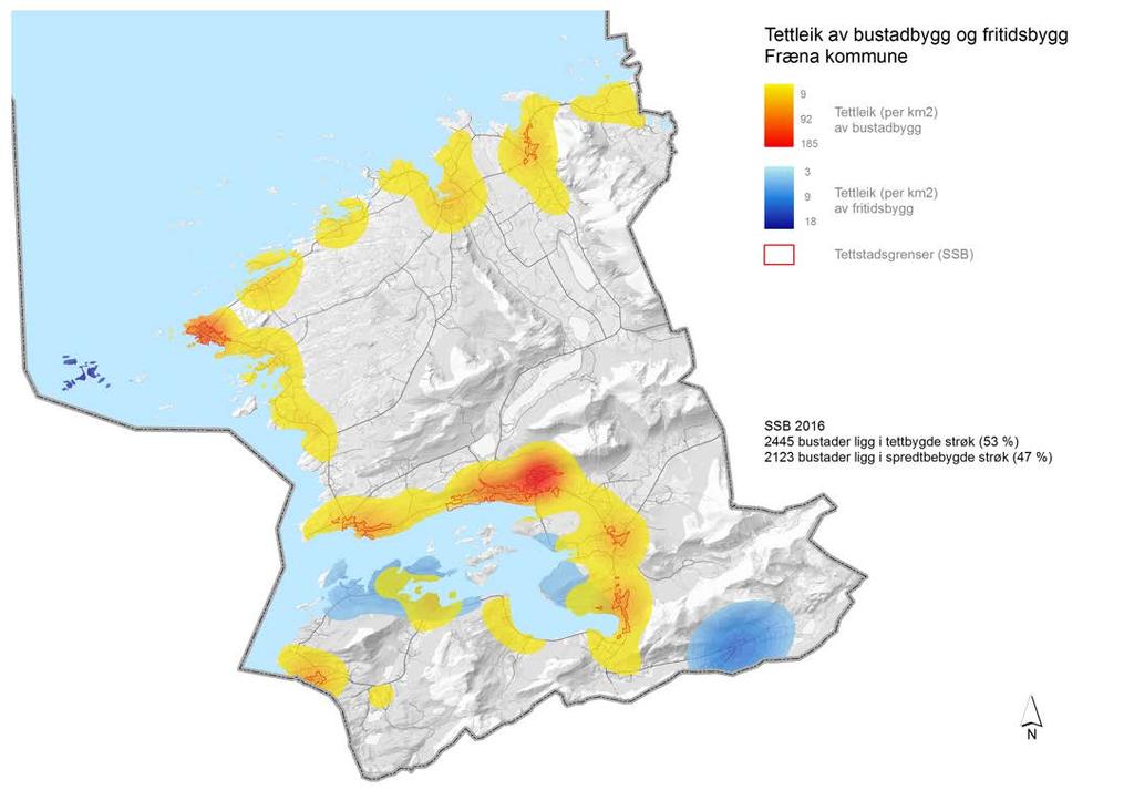 Figur 3: Tetthet av boliger og fritidsboliger i Fræna kommune, tall fra 2016.