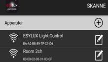 Flere registrerte Light Control Box-enheter vises på en liste, for eksempel slik: Skjermbilde for enhetsregistrering Skannefunksjon