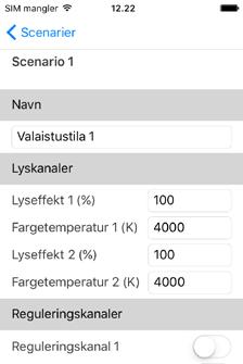 Appmenyen <Scenarier> Hvis du vil deaktivere det aktive scenarioet, trykker du på navnet. Light Control Box avslutter scenarioet og bruker regelstyring. Scenarioet er ikke lenger merket som aktiv.