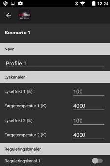 Du kan stille inn følgende verdier: Lyseffekt: 0 til 100 % Fargetemperatur: 2700 til 6500 Kelvin Reguleringskanal 1 og 2: på ( ) og av.