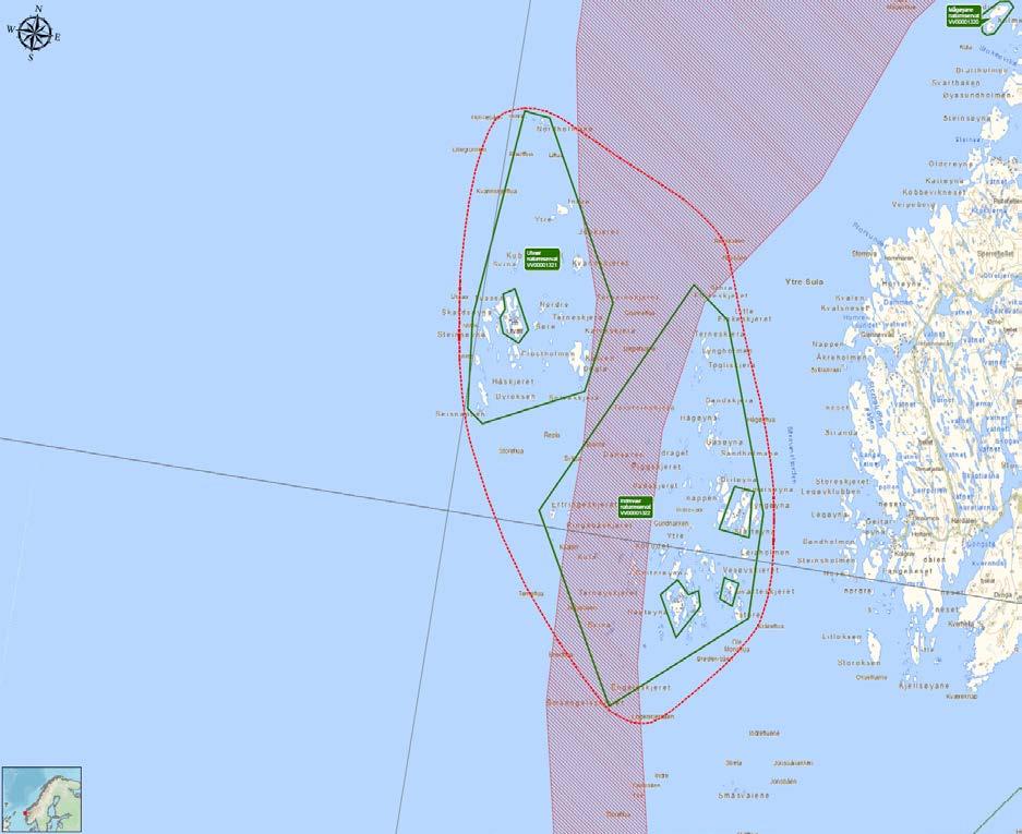 Områdekart for Ytre Sula, inkludert vernede områder. Navngitte områder er vernet. Områder skravert i rødt; kystnære gyteområder. Områder skravert i grønt; marine naturtyper, verdi A. 2.