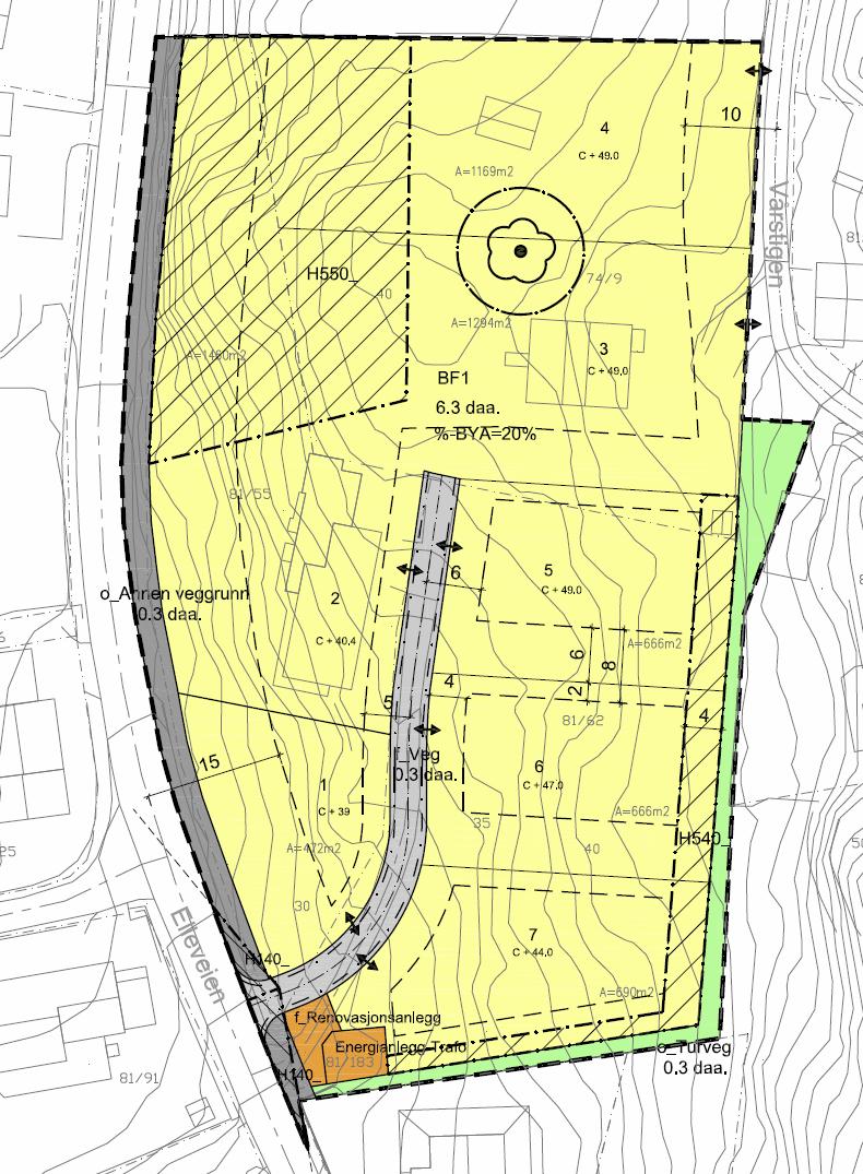 12 Boligområde Planforslaget består av ca 6,3 daa areal som reguleres til boligformål: - BF: Frittliggende småhusbebyggelse (eneboliger/eneboliger med sekundær leilighet) Figur 6: