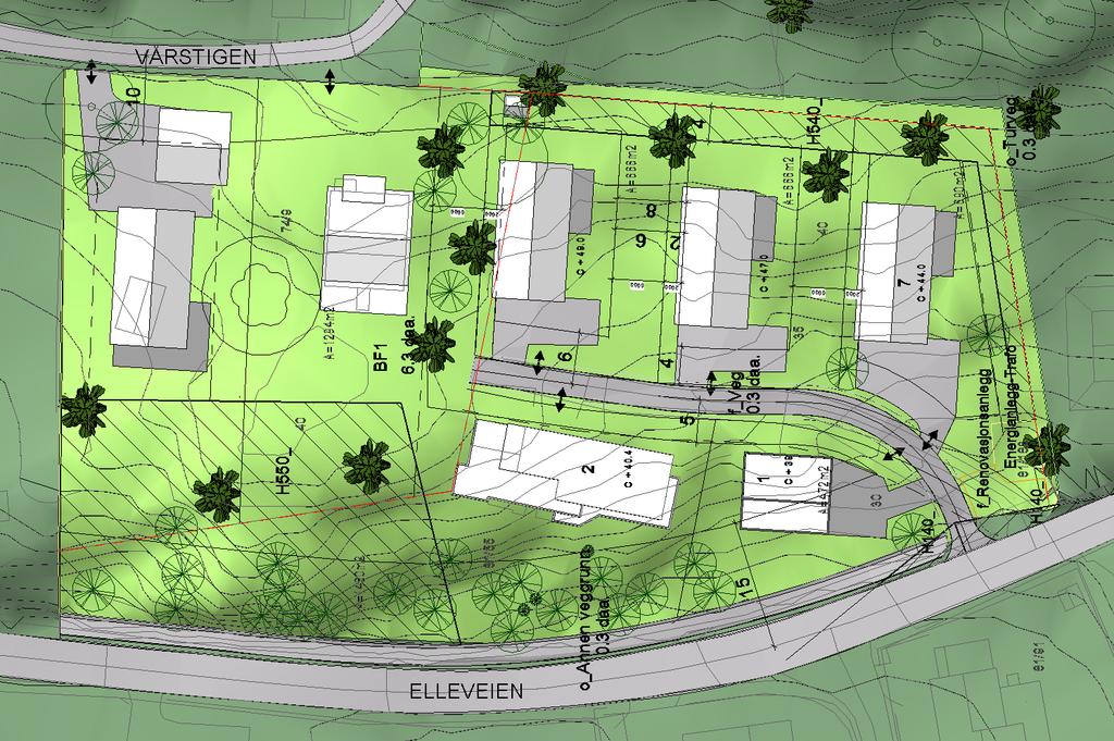 17 Illustrasjon 5: Viser tenkt plassering av bebyggelsen i planområdet, bebyggelsen på tomt nr. 1 forutsetter dispensasjon fra reguleringsplan eller endring av byggegrense langs Elleveien.