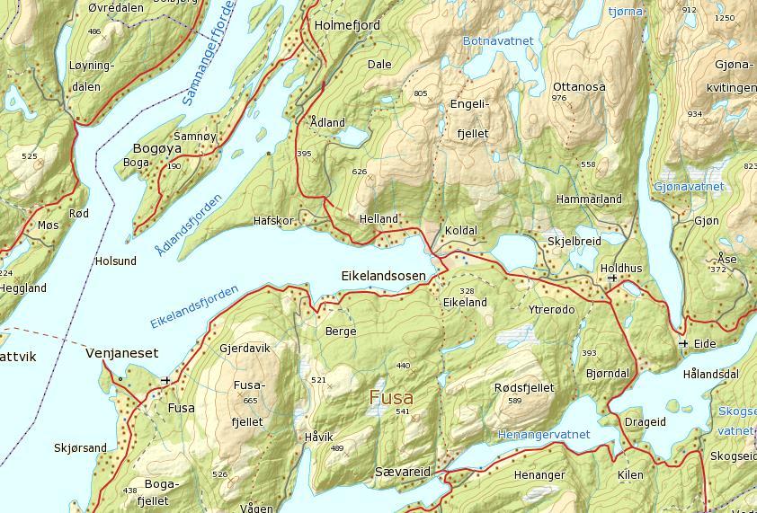 OMRÅDEBESKRIVELSE Koldalsfossen ligger ved Eikelandsosen, vest for Skjelbreidvatnet i Fusa kommune (figur 4). Eikelandsosen er omgitt av høye fjell som for eksempel Engelifjellet (798 moh.