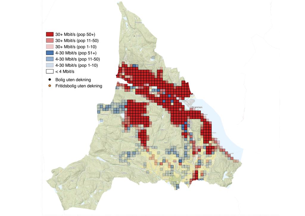 Figur 8. Historisk utvikling i bredbåndsdekning i Drammen. Figur 9. Geografisk bredbåndsdekning i Drammen 2017 4.