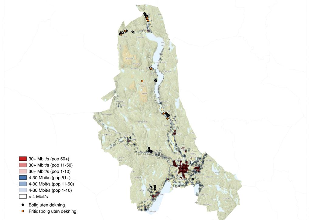 Figur 13. Geografisk bredbåndsdekning i Ringerike kommune. 4.4 Hole Om lag to tredledeler av boligene i Hole kommune ligger i tettsteder, hvorav Sundvollen er det største.