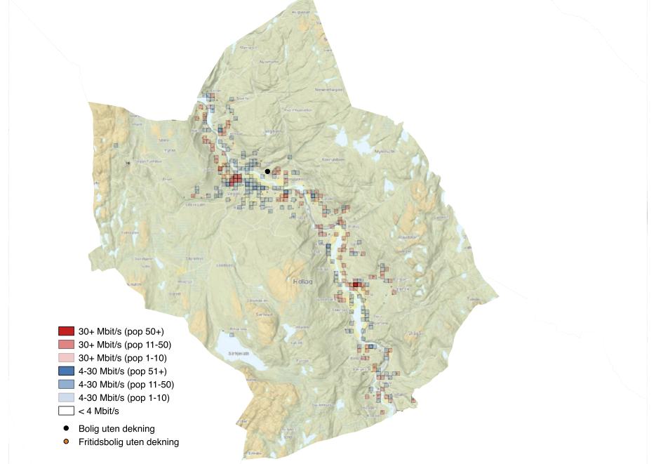 Figur 46. Geografisk bredbåndsdekning i Rollag. 4.21 Nore og Uvdal Nore og Uvdal har en svært spredt befolkningsstruktur, og bare 15 % av befolkningen bor i tettstedet Rødberg.