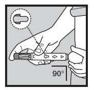Trekk den grå hetten (1) rett ut med den andre hånden, sjekk at kanylens lille svarte beskyttelseshylse er fjernet sammen med hetten, og deretter kast den.