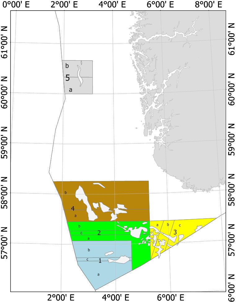 308 Figur 1. Kart over områder i den områdebaserte forvaltningen. 6.12.2 FISKERIENE I 2018 Den 6. februar 2018 ga Havforskningsinstituttet et foreløpig råd om tobisfisket i NØS i 2018.