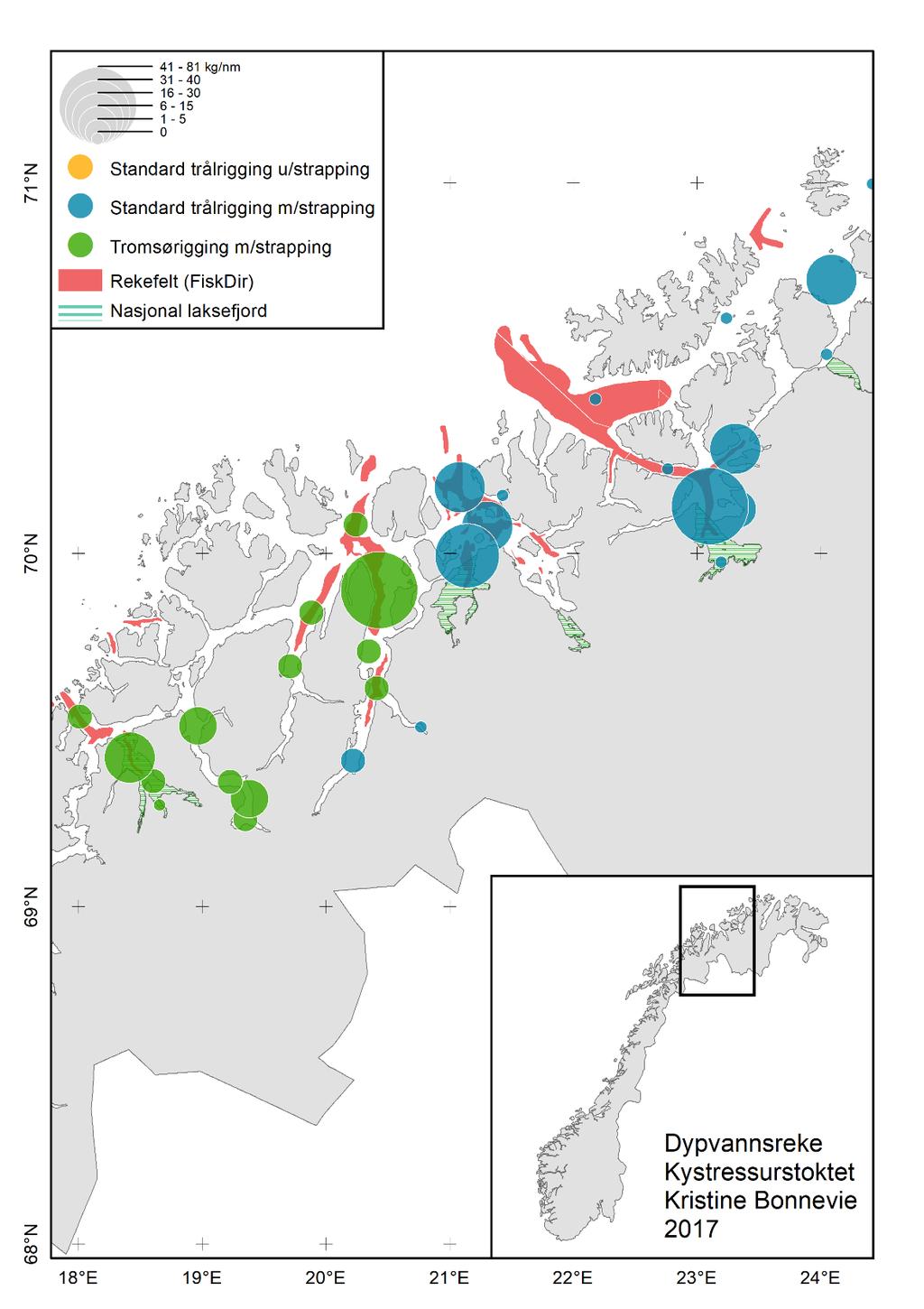 337 Figur 6. Trålfangster (reke per trålt nm) fra Havforskningsinstituttets Kystressurstokt høsten 2017 i fjorder i Troms og Vest-Finnmark.