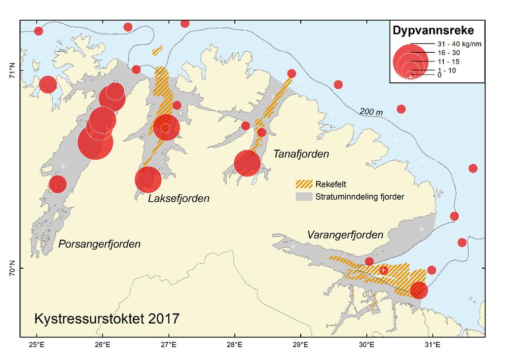 338 Figur 7. Trålfangster (reke per trålt nm) fra Havforskningsinstituttets Kystressurstokt høsten 2017 i Porsanger-, Lakse-, Tana- og Varangerfjorden.