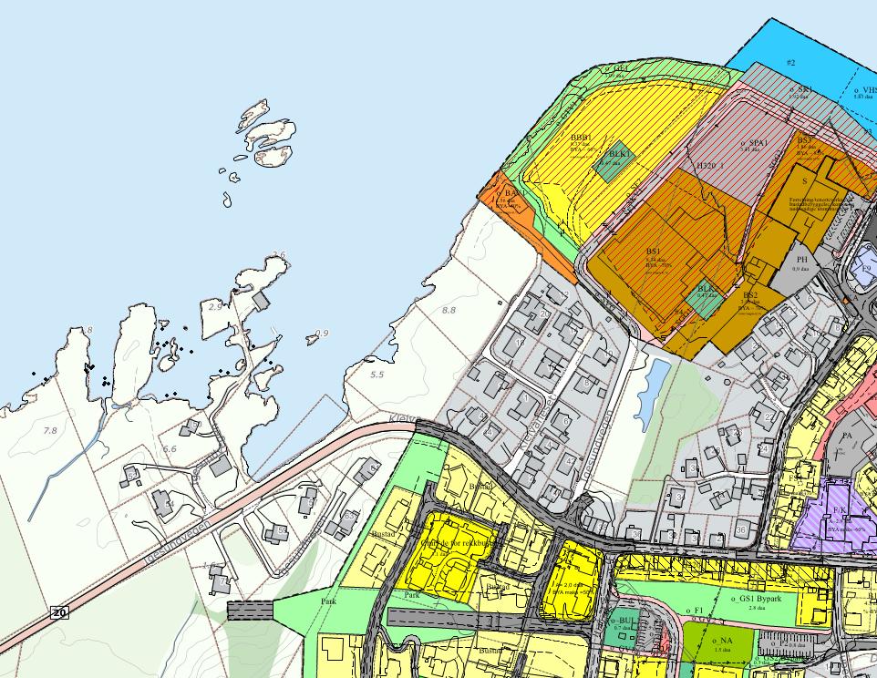 5 Utsnitt av gjeldande arealstatus for området Denne reguleringsplanen vil grense til eksisterande reguleringsplan for 198101 Kleiva og 201616 Fosnavåg ytre hamn.