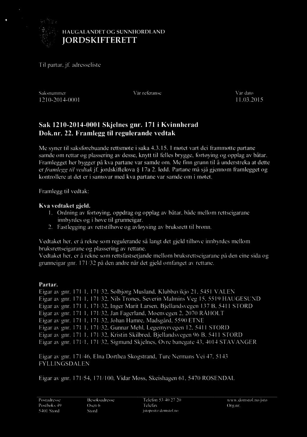 C få T? HAUGALANDET OGSUNNHORDLAND Tl partar, jf. adresselste Saksnummer Vår referanse Vår dato 1210-2014-0001 11.03.2015 Sak 1210-2014-0001 Skjelnes gnr. 171 Kvnnherad Dok.nr. 22.