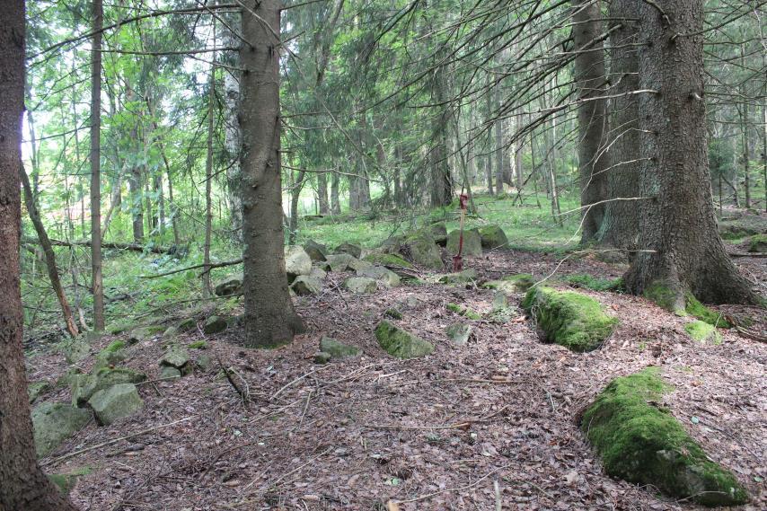 Id224961 Dyrkingsspor fra nyere tid på Kirkeby østre gbnr. 58/75 I tett løvskog sør for hus i Glittreveien 35, er det påvist en liten flate som tidligere har vært dyrket.