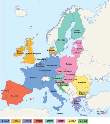 Utvidelsen av EU: fra 6 til 28 land 1952 Belgium, France, Germany, Italy, Luxembourg, the Netherlands 1973 Denmark, Ireland, the United Kingdom 1981 Greece 1986 Portugal,