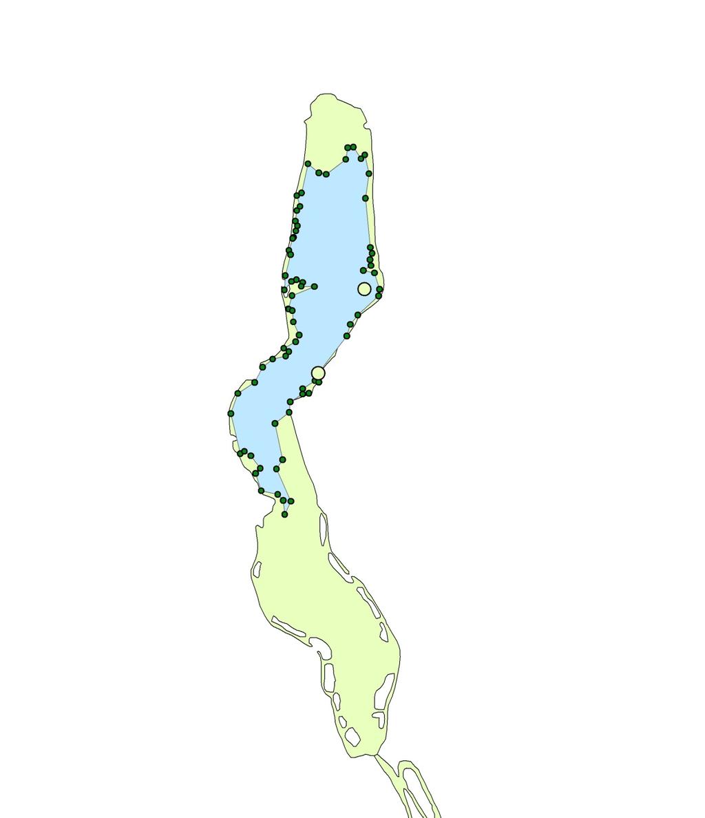 Figur 2. Anslått utbredelse av vasspest (overflatematter og undervannsbestander) i Østensjøvatn i september 2011. Basert på GPS-punkter (grønne punkter). Lys grønn farge angir vasspestens utbredelse.