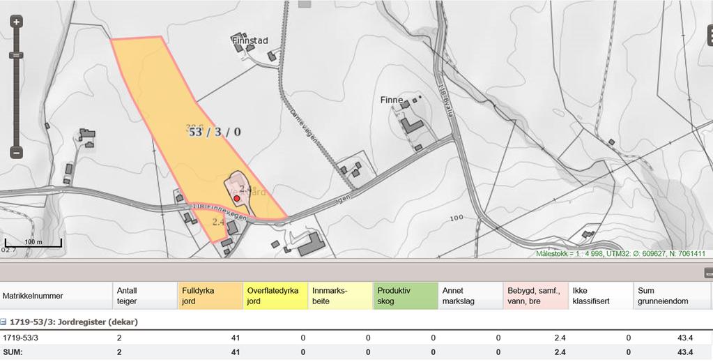 Innherred samkommune - Landbruk og naturforvaltningen Side 2 av 6 dekar og 4 dekar fulldyrka jord i tilknytning til tunet, til sammen 6,6 samt 2,4 dekar fulldyrka areal på motsatt side av