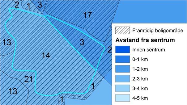 Bufferne kombineres med kartlaget over framtidige boligområder, slik at disse får påført opplysninger om avstand til sentrum.