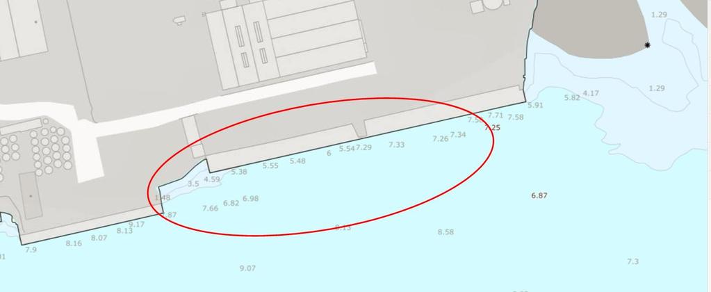 Figur 3 viser dybdeforholdene langs kaisiden til Kai 6 og i sjøen utenfor. Langs kaisiden varierer dybden fra ca 3,5 til ca 8 m. Fig. 3. Dybdeforholdene langs kaisiden til Kai 6 og i sjøen utenfor.