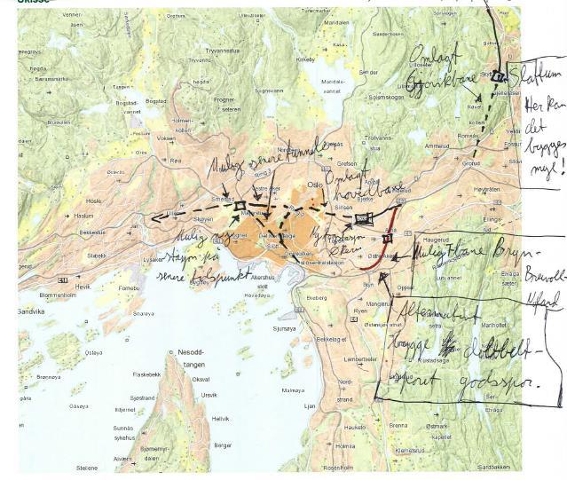 Konsept B: Kobling Østfoldbanen Gjøvikbanen (Nittedalsbanen) Ny trase fra nord for Alna via Økern til Oslo S (omlagt hovedbane).