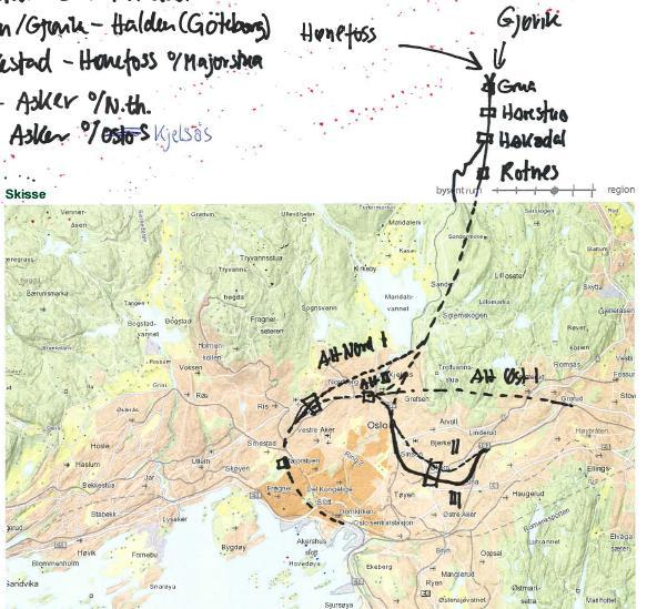 Nytt jernbanekryss i Sør Nord-akse, Oslobane Nittedalsbanen Beskrivelse: Lillestrøm Ski over Majorstuen Bergen/Gjøvik