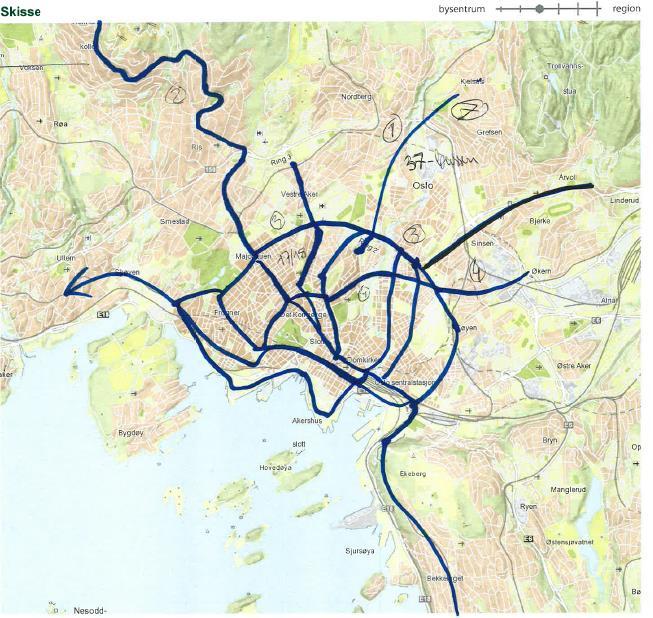 Konsept A: "Sporvognsbyen" Trikk for buss 1. Ny trikkelinje som erstatter 37-bussen 2. Trikk på Holmenkollbanen 3. Ny trikkelinje langs Ring 2 (Skøyen Galgeberg) 4.