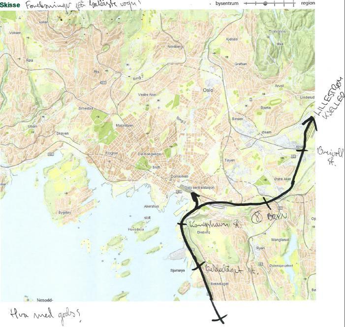 Forskningsbanen, skisse B Østfoldbanen med kobling over til Hovedbanen Bybane på eksisterende bane mellom