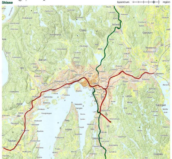 Konsept B: S-bane, integrasjon mot T-bane Drammenbanen (Spikkestadbanen) gafler på Fornebubanen Hovedbanen kobler seg på T-banen på Brynseng Gjøvikbanen stoppes på Grefsen Østfoldbanen tas inn i ny