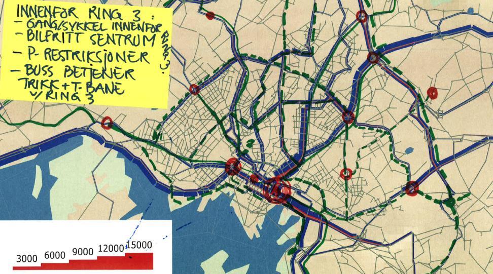 Trikketraséer innenfor Ring 3 Gang/sykkel innenfor Ring 3 Bilfritt sentrum P-restriksjoner Buss betjener trikk