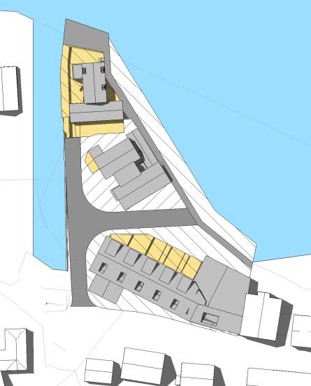 Over: Utsnitt frå eit vedlegg som syner både gammal og ny bygningsmasse når området er ferdig utbygd. Som ein ser så skal den gamle sardinfabrikken bestå og blir lettare ombygd til bustadformål.