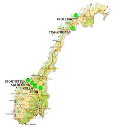 Figur 2. De seks fjellene inkludert i GLORIA Norge hvor overvåkningsflater (10 x 10 m) er etablert.