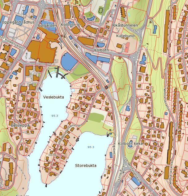 2 Beskrivelse av området I Figur 2-1 er beliggenheten til planområdet Storebukta vist. Mot sør ligger Kolbotnvannet, mens i de øvrige retningene er det noe vegetasjon og lavhusbebyggelse.