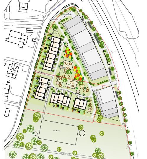 N C B D E F A Vegetasjonen bremser vind fra sør Vind fra S Figur 3-5. Skisse av vindforholdene i bakkeplanet for retningen D.