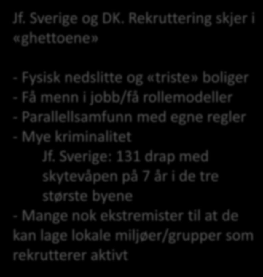 områdeløft i «utsatte» områder Gode kommunale tjenester i «utsatte områder» Høy sysselsettingsgrad hos menn fra Asia og Afrika (Groruddalen og Holmlia: 75%) Mange innvandrere som gjør