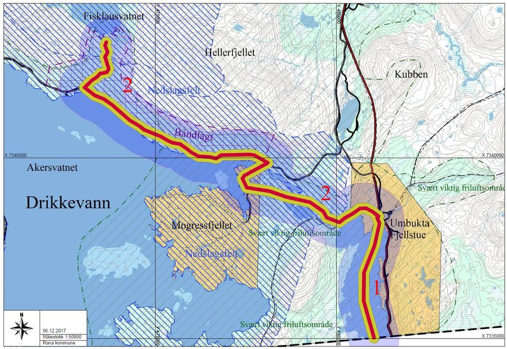 Støyutbredelseskart løypealternativ 2. Umbukta Fisklausvatnet Støyutbredelse per snøskuter, 60 km/t jevn fart.