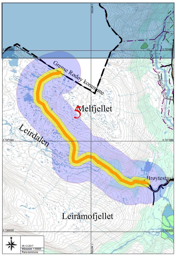 Støyutbredelseskart løypealternativ 5. Melfjellet grense Rødøy Støyutbredelse per snøskuter, 60 km/t jevn fart.