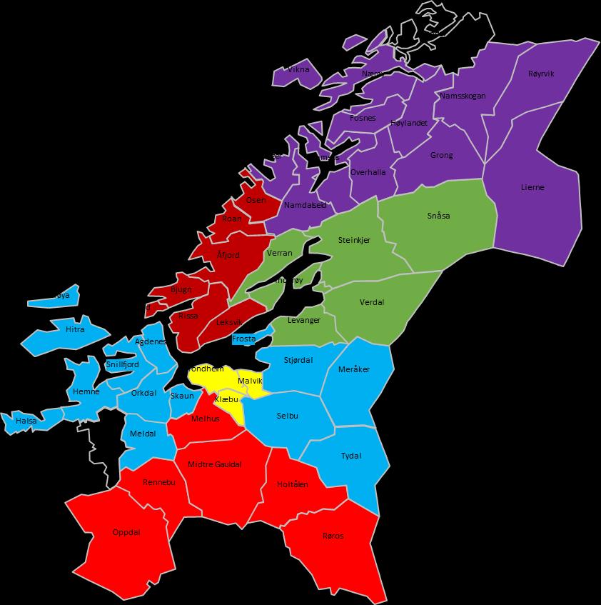 Nettverk klimatilpasning Trøndelag Målgruppe = Kommunene i Trøndelag Trøndelag - ett fylke fra 01.01.18 Namdal - ytre Namdal - indre Region Kommune Nytt kommune navn Befolk.