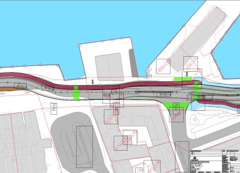 Figur 4 og 5: Forprosjekt Sykkeltraseer gjennom Bergen Sentrum. Statens vegvesen 18.02.16. Mulig holdeplass i Slottsgaten ved Sildesalgslaget/Havnekontoret.