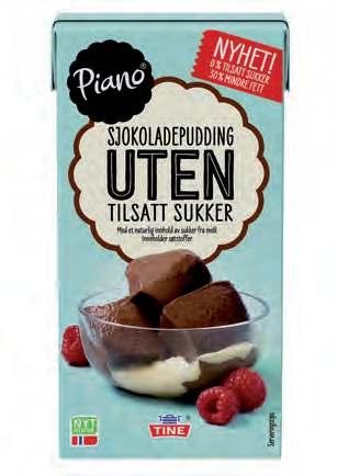 Piano Sjokoladepudding UTEN tilsatt sukker ½ l UTEN TILSATT SUKKER OG MED 30 % MINDRE FETT. INNEHOLDER SØTSTOFFER OG HAR ET NATURLIG INNHOLD AV SUKKER FRA MELK.