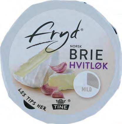 Fryd Norsk Brie Hvitløk EN FLØYELSMYK BRIE FRA DOVRE Fryd Norsk Brie Hvitløk er en fløyelsmyk og aromatisk brie med bred smaksappell.