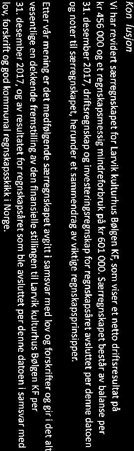 28/18 Bølgen kulturhus KF - Årsregnskap og årsmelding 2017-18/00077-1 Bølgen kulturhus KF - Årsregnskap og årsmelding 2017 : revisors beretning Larvik kulturhus Bølgen KF for 2017 I.