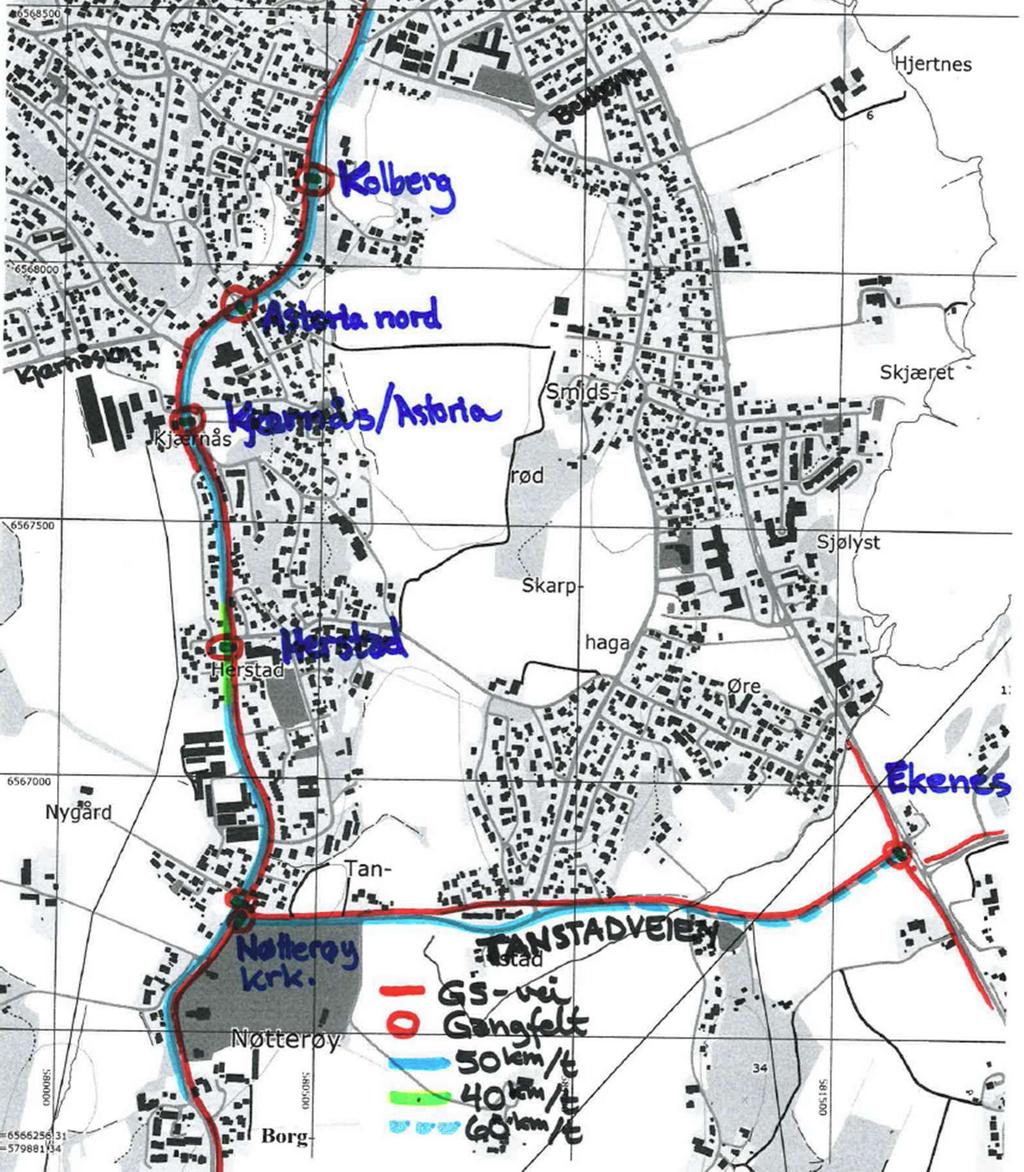 4.6 Kirkeveien - beskrivelse av dagens situasjon Kolberg Astoria nord Kjærnås/Astoria Herstad Ekenes Nøtterøy krk Oversiktskart - dagens trafikksituasjon, Kirkeveien og Tanstadveien Dages situasjon