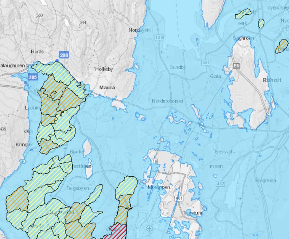 Side 4 av 7 4. Undersøk om det finnes kartlagte faresoner for kvikkleireskred i området. Planområdet ligger innenfor NVEs kartlagte kvikkleiresoner.