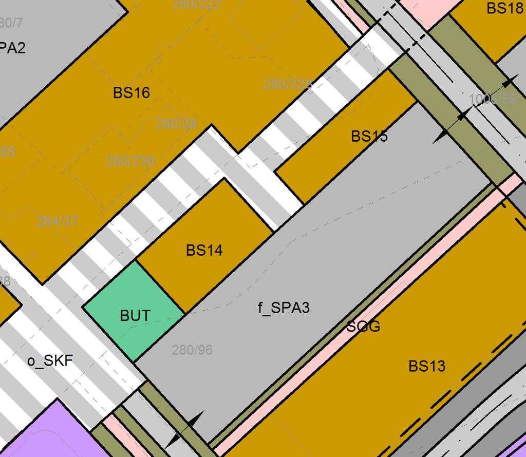 Utsnitt plankart med forslag til endring: Den sørvestre delen av område BS14, 436 m², er endret til formålet Uteoppholdsareal (BUT).