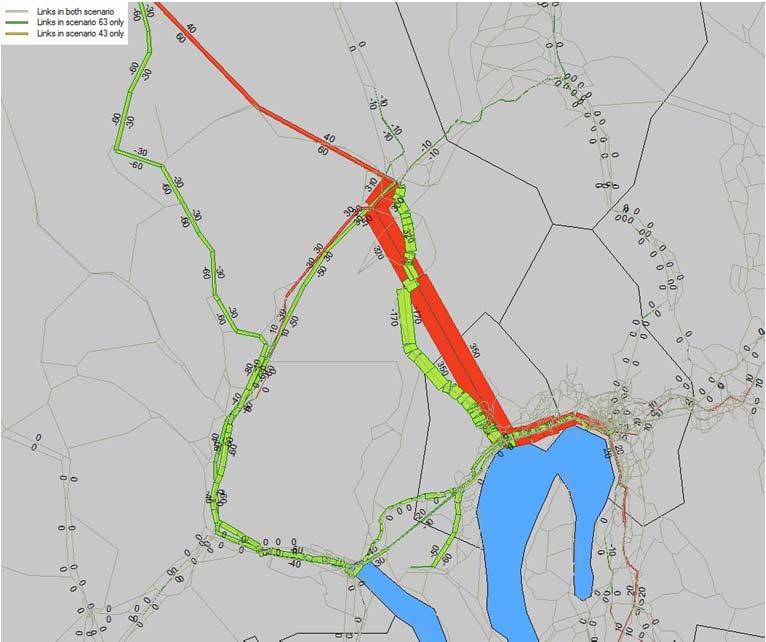 Kap. 7 Kalibrering og testing på case 195 Figur 7 2 Nettverkseffekter av Ringeriksbanen for mellomlange reiser (70 200 km).