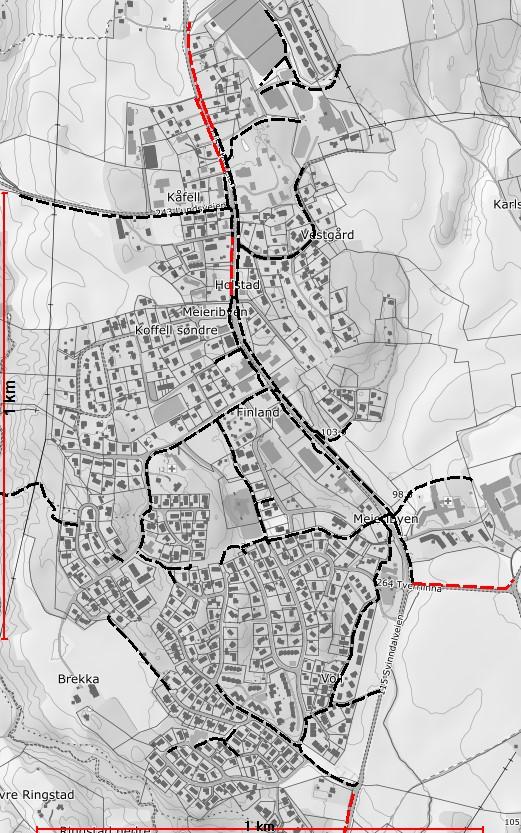 1 2 3 4 Figur 9: Bildet viser planområdet med tre aktuelle strekninger langs fv115, Storveien, i Meieribyen, mellom Idrettsveien og Vollveien: (1) ca.