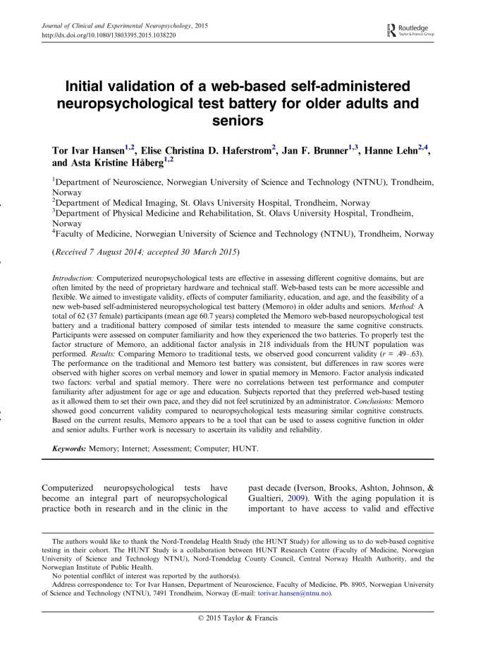 Artikkel 1 Initial validation of a web-based self-administered neuropsychological test battery for older adults and seniors