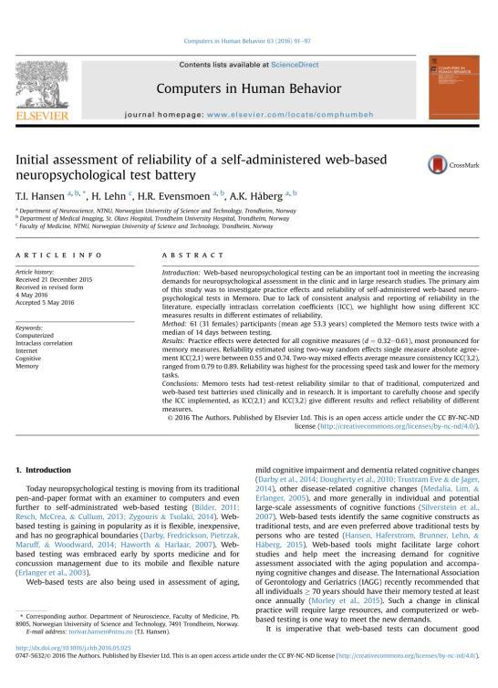 Artikkel 2 Initial assessment of reliability of a self-administered web-based neuropsychological